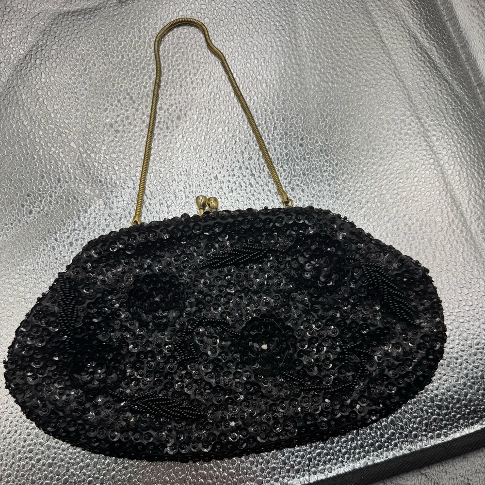 VTG. 60’s/70’s Hand Made Sparkling Black Bead & Sparkling Sequin Evening Bag